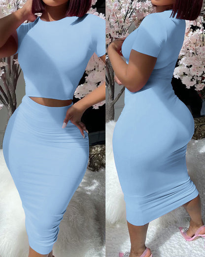 Solid Color Short Sleeve Top Suit Tight Midi Dress