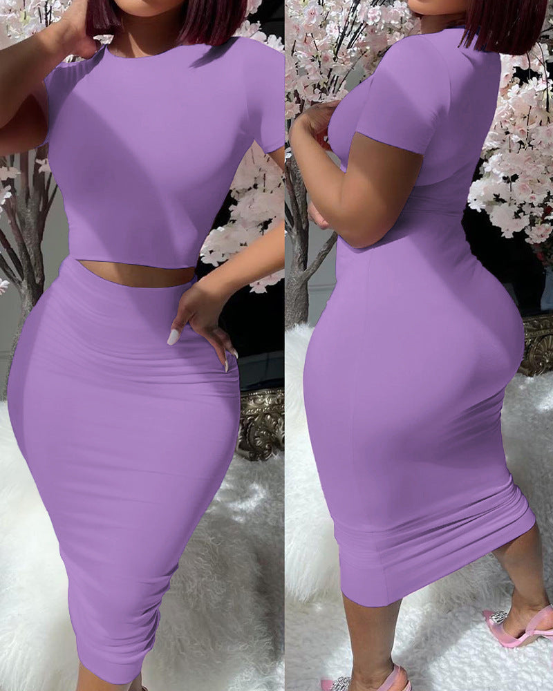 Solid Color Short Sleeve Top Suit Tight Midi Dress