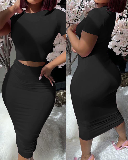 Solid Color Short Sleeve Top Suit Tight Midi Dress